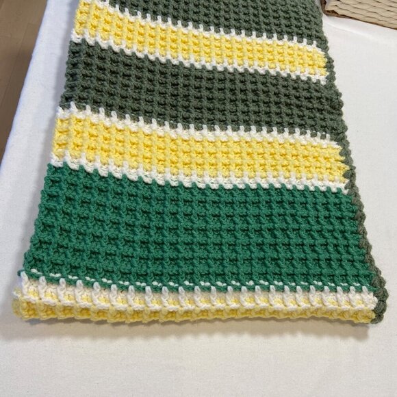 Handmade Crochet striped Blanket Green Yellow White Waffle Soft Warm throw - Picture 7 of 12